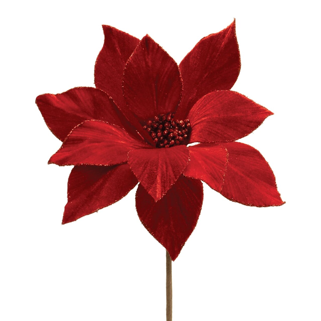 24" Red Velvet Poinsettia Stem with Shimmer Edge – Luxury Christmas Floral Pick
